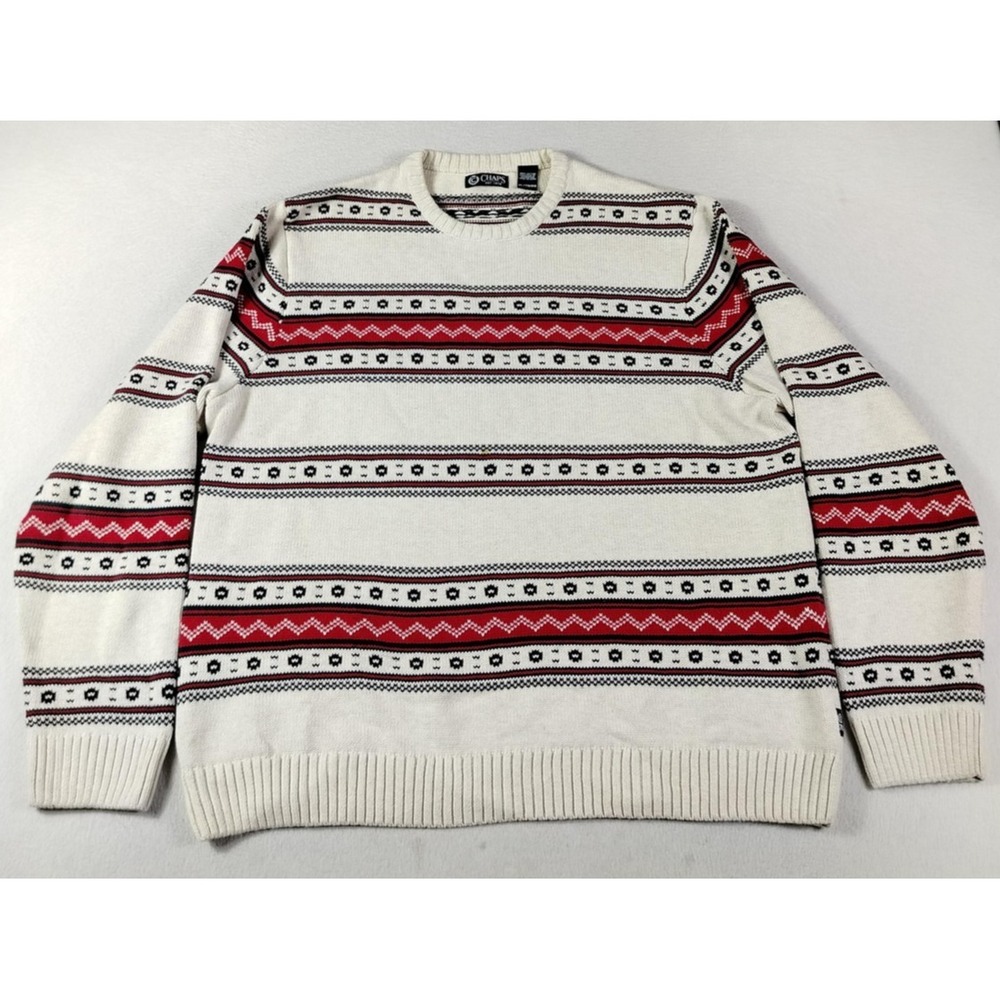 Chaps‎ Sweater Mens XL White Fair Isle Knit Crewneck Winter Holiday Cabincore